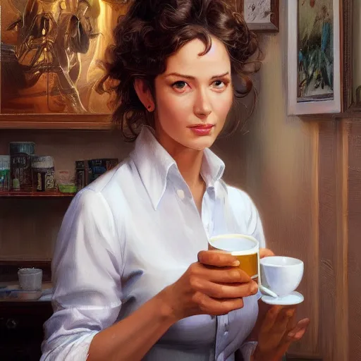 Prompt: portrait of a waitress drinking coffee, digital painting, artstation, concept art, donato giancola, Joseph Christian Leyendecker, WLOP, Boris Vallejo, Breathtaking, 8k resolution, extremely detailed, beautiful, establishing shot, artistic, hyperrealistic, octane render, cinematic lighting, dramatic lighting, masterpiece, light brazen, extremely detailed and beautiful face, centered, smooth, sharp focus