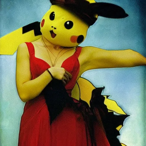 Image similar to elegant woman dressed up as pikachu, art photo by Annie Liebovitz and Alphonse Mucha