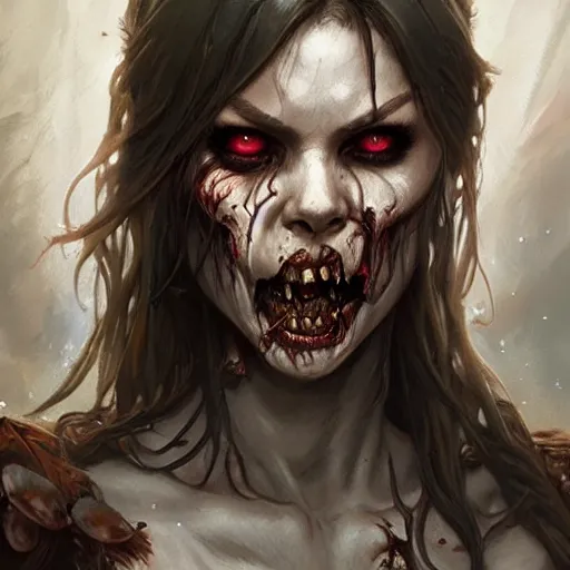 Prompt: muscular female zombie, deep focus, d & d, fantasy, intricate, torn clothing, highly detailed, digital painting, artstation, concept art, matte, sharp focus, illustration, hearthstone, art by artgerm and greg rutkowski and alphonse mucha