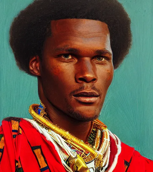 Prompt: official side portrait of a ghanaian prince, tom brady, in tampa bay buccaneers kente cloth, 1 8 6 8, a character portrait by cassius marcellus coolidge, reddit contest winner, japanese romantacism, romanticism, oil on canvas, detailed painting, creative commons attribution