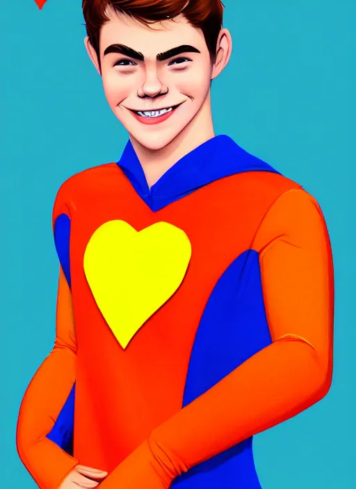 Image similar to friendly teenage archie andrews wearing an orange superhero costume with heart logo, heart, orange costume, blue cape, freckles, cape, heart emblem on chest, heart, blue cape, intricate, elegant, glowing lights, highly detailed, digital painting, artstation, sharp focus, illustration, art by wlop, mars ravelo and greg rutkowski