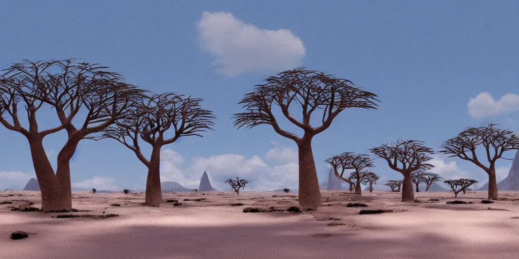 Prompt: a Malagasy dream landscape with baobab trees and snowy mountains in the background, film still, concept art, depth of field