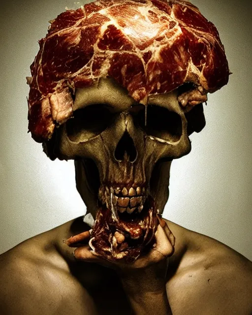 Prompt: an angel with a skull made of meat for the head, megalophobia, dramatic lighting, cinematic, organic painting, dark, bold shapes, by caravaggio, dramatic lighting, horror, blood, god rays, angelical