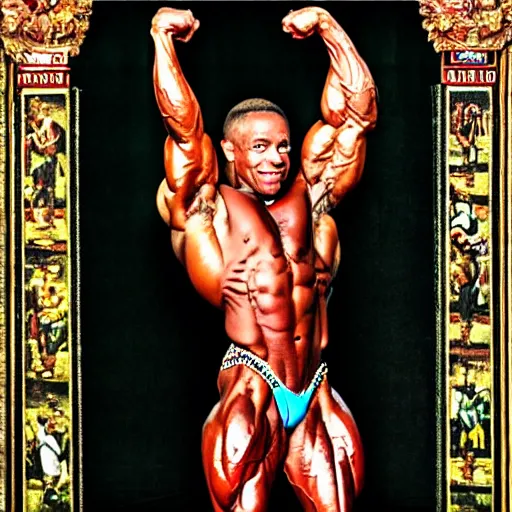 Prompt: IFBB pro flexing in the style of Jan van Eyck