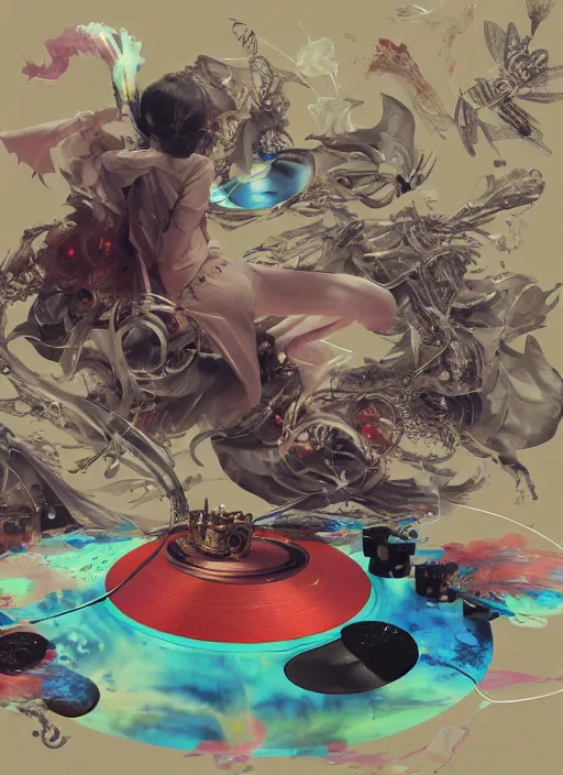 Prompt: surreal gouache painting, by yoshitaka amano, by ruan jia, by Conrad roset, by good smile company, detailed anime 3d render of a magical round flying Vinyl Discos , DJ Mixer, deck surrounded by Dragonfly,flying discos , controller, portrait, cgsociety, artstation, rococo mechanical and Digital and electronic, dieselpunk atmosphere