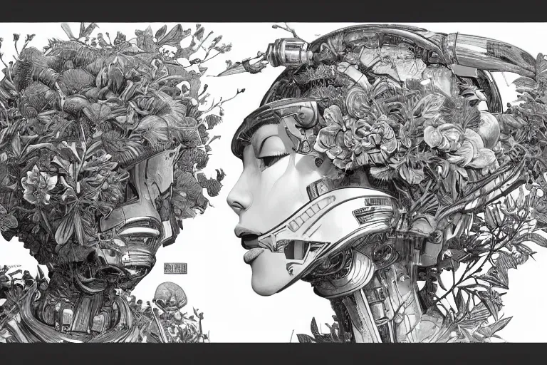 Image similar to gigantic robot - girl head floating in the space, a lot of exotic plants, trees, flowers, oldschool vintage sci - fi flat surreal grainy design, super - detailed, drawing by kim jung gi, hd, 4 k, high quality