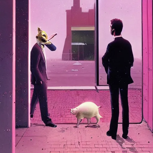 Image similar to man wearing a pink suit and a pink pig mask standing outside a night club, chris foss, john harris, beeple, wayne barlowe