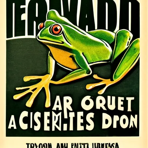 Prompt: a wild frog appears in 1950s traditional family propaganda style