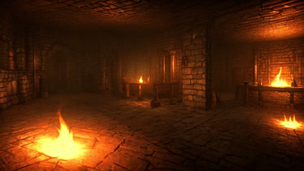 Prompt: delicious torch lit prison dungeon jail cell atmospheric unreal engine hyperreallistic render 8k character concept art masterpiece screenshot from the video game the Elder Scrolls V: Skyrim orange flame global illumination