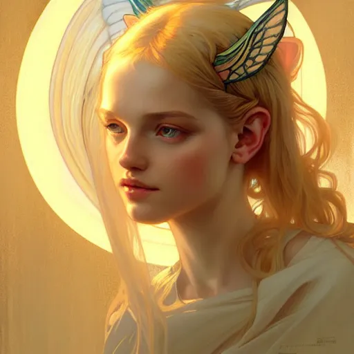 Image similar to Portrait of a girl angel with blonde hair, cat ears, glowing halo, wings, fantasy, intricate, elegant, highly detailed, digital painting, artstation, concept art, smooth, sharp focus, illustration, art by Krenz Cushart and Artem Demura and alphonse mucha