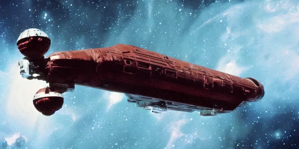 Image similar to film still of a space ship freighter in orbit, dark and rusty, ridley scott, 1 9 8 0 s science fiction, dark science fiction movie