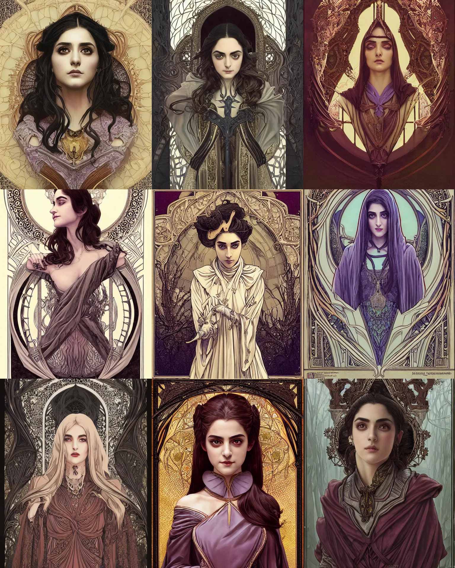 Prompt: masterpiece symmetrical centered bust-view portrait, Maya Ali as D&D sorcerer, single head, Neo-Gothic, Art Nouveau style, cell shaded, wizard robe, fantasy, delicate, elegant, in the style of Greg Rutkowski and Moebius and Mohrbacher and ROSSDRAWS and Ross Tran and Alphonse Mucha and Ayami Kojima and Charlie Bowater and Jean Delville, tarot card style, cinematic specular lighting, rich bright colours