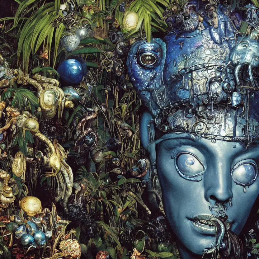 Prompt: a close - up neoclassicist portrait of a big - eyed alien boy with blue skin wearing an iridescent venetian carnival butterfly mask surrounded by silver mushrooms in a jungle. reflective textures. glowing fog in the background. highly detailed fantasy science fiction painting by norman rockwell, frank frazetta, and syd mead. rich colors, high contrast, gloomy atmosphere, dark background. artstation