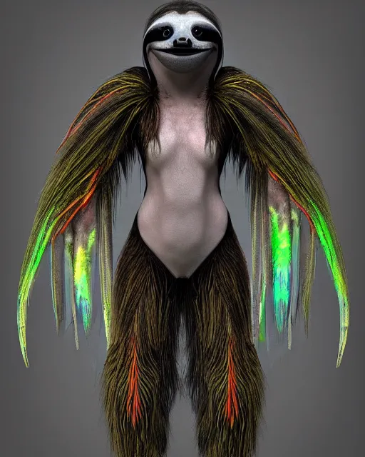 Image similar to realistic bipedal sloth character, long curly fur, full skull shaped face cover, mage robe based on a toucan, 6 toucan beaks, in the style of h. r. giger, stylized, video animation, hogwarts legacy, chromatic aberration, super natural, neon glow