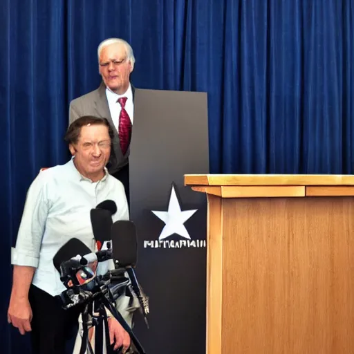 Image similar to president marionette with puppeteer in a podium giving a press conference