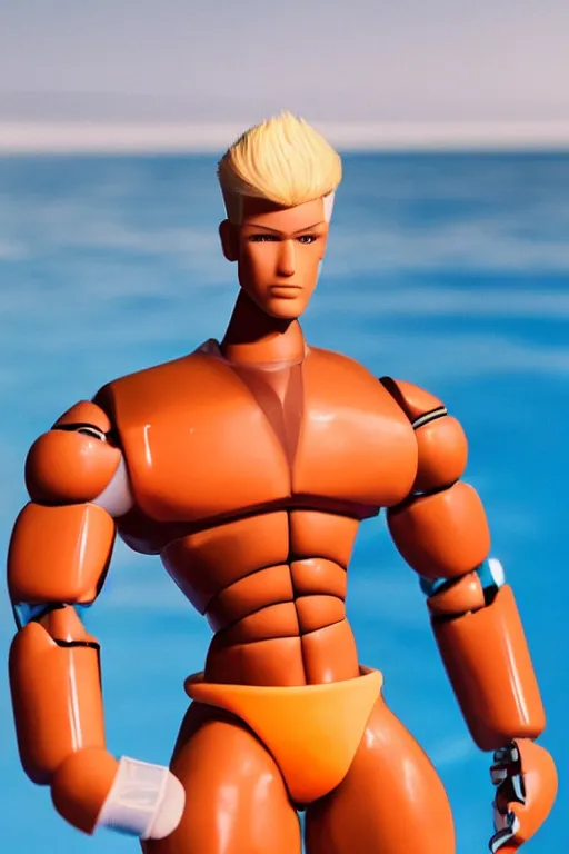 Image similar to a handsome robot bodybuilder with blonde hair who is also a male android, ken doll, muscular, wearing a cut-off white crop top and short light orange shorts stands by a swimming pool, shiny skin, robotic