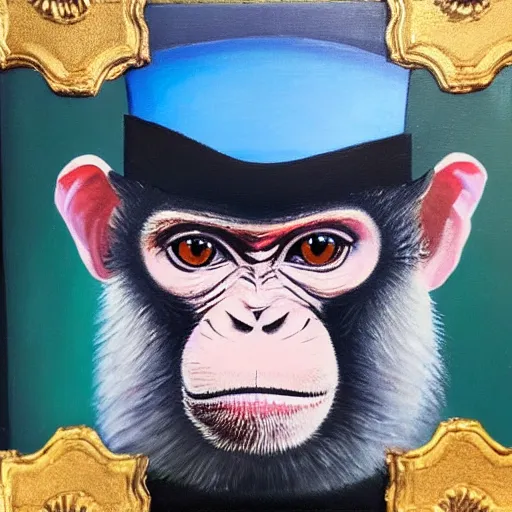 Image similar to a beautiful oil painting of a monkey in a blue top hat , 8k , award winning