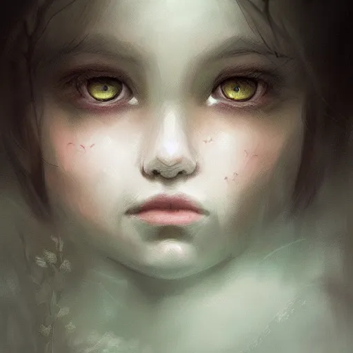 Image similar to dark forest child girl portrait by ross tran, fantasy, artwork, highly detailed face, sharp focus, forest, fog