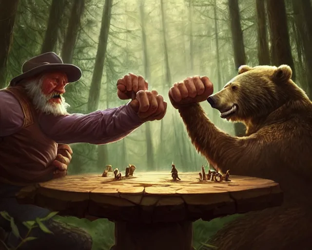 Image similar to an old man in the woods arm wrestling a bear, deep focus, d & d, fantasy, intricate, elegant, highly detailed, digital painting, artstation, concept art, matte, sharp focus, illustration, hearthstone, art by artgerm and greg rutkowski and alphonse mucha