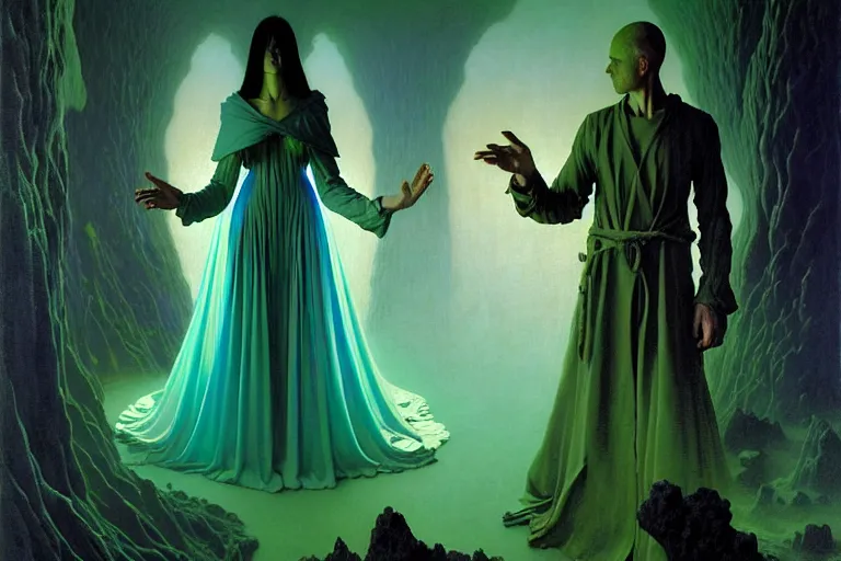 Image similar to the female arcanist and the male artificer by zacharias aagaard and albert bierstadt and gerald brom and zdzisław beksinski and james gilleard and wayne barlowe and jean delville, beautiful, robes, highly detailed, hyperrealistic, intricate, energy, electricity, blue flame, low light, green crystal, high contrast