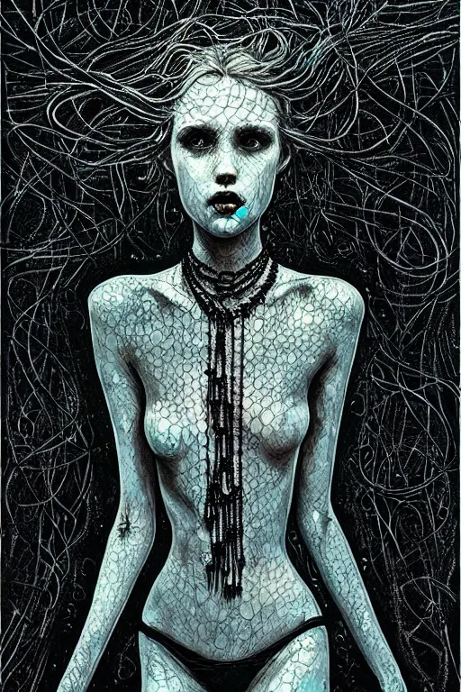 Prompt: dreamy gothic girl, black leather slim clothes, chains, underwater, beautiful body, detailed acrylic, grunge, intricate complexity, by dan mumford and by alberto giacometti, peter lindbergh