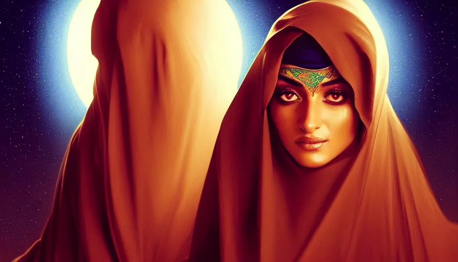 Prompt: Portrait of very very very very very very beautiful Arab woman wearing a Niqab, glowing magical eyes, energy trails, under giant full moon in the desert at night, intricate, elegant, highly detailed, digital painting, artstation, concept art, smooth, sharp focus, illustration, art by artgerm and greg rutkowski and alphonse mucha