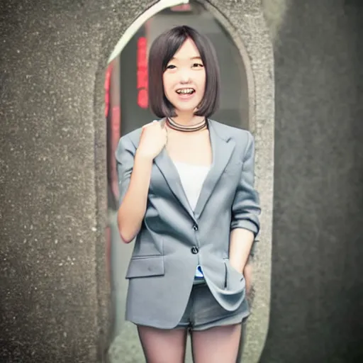 Image similar to a pretty young girl of 2 5, japanese, with big eyes, short shoulder - length hair and a suit ， by sam yang