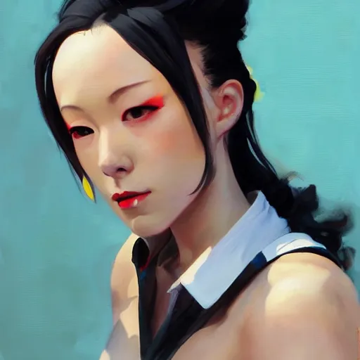 Image similar to greg manchess portrait painting of shinazaki rika aka lisbeth as overwatch character, medium shot, asymmetrical, profile picture, organic painting, sunny day, matte painting, bold shapes, hard edges, street art, trending on artstation, by huang guangjian and gil elvgren and sachin teng