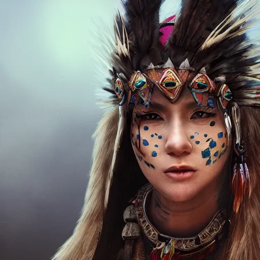 Image similar to a female shaman profile picture, concept art, high resolution and detail, photorealistic, cinematic, amazing, inspiring, attractive, full body shot