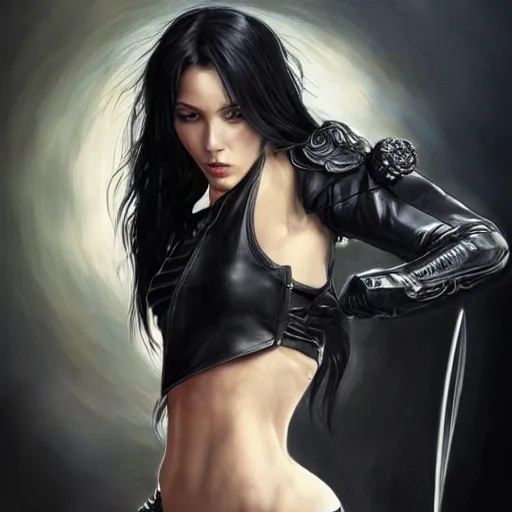 Image similar to an action photo of a black haired woman in a black leather jacket in a swordfight, muscular upper body, abs, d & d, fantasy, intricate, elegant, highly detailed, digital painting, artstation, concept art, smooth, sharp focus, illustration, art by artgerm and greg rutkowski and alphonse mucha