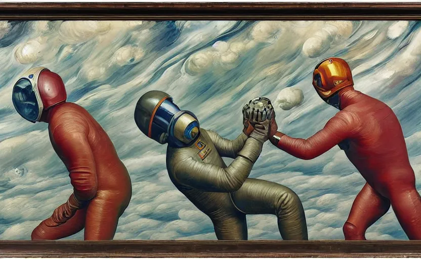 Image similar to Oil painting of two man astronauts wearing helmet fighting each other by Lucian Freud, Abstract brush strokes, Masterpiece, Edward Hopper and James Gilleard, Zdzislaw Beksinski, Mark Ryden, Wolfgang Lettl highly detailed, hints of Yayoi Kasuma