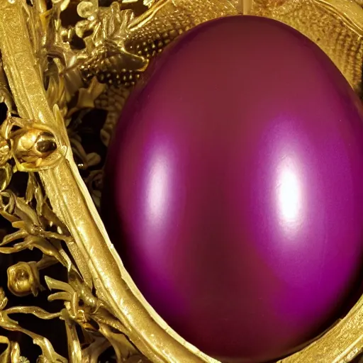 Prompt: a ornate detailed red and purple glowing egg, a faberge egg, an eggplant fruit still on the vine