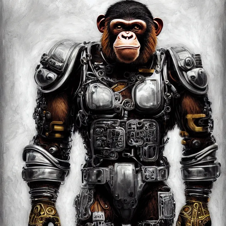 Image similar to a portrait of a muscular anthropomorphic cyberpunk chimp in spacesuit armor with ensignia on chest plate by sandra chevrier, by jon foster, detailed render, post - processing, extremely hyperdetailed, intricate, epic composition, cybernetics, 4 k realistic, cryengine, realistic shaded lighting, sharp focus, masterpiece, by enki bilal