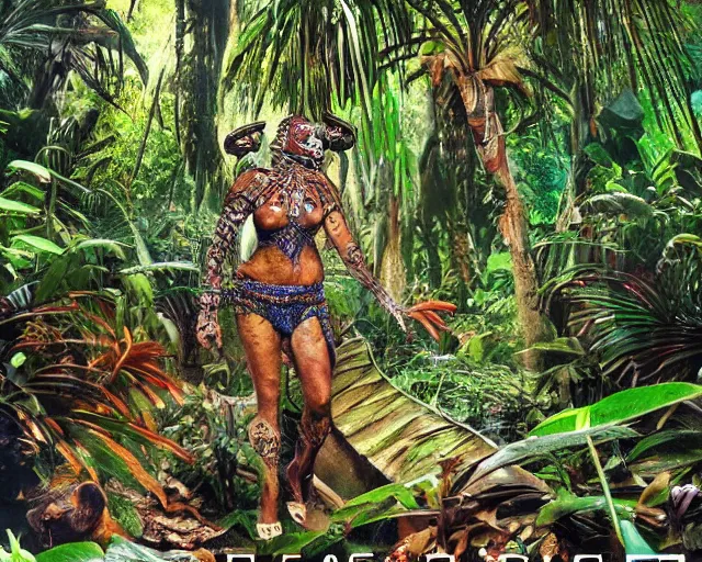 Image similar to mayan jaguar warrior exploring an alien jungle las pozas, 1 9 6 0's sci - fi, lofi technology, deep aesthetic colors, 8 k, highly ornate intricate details, extreme detail, antonin gaudi & edward james