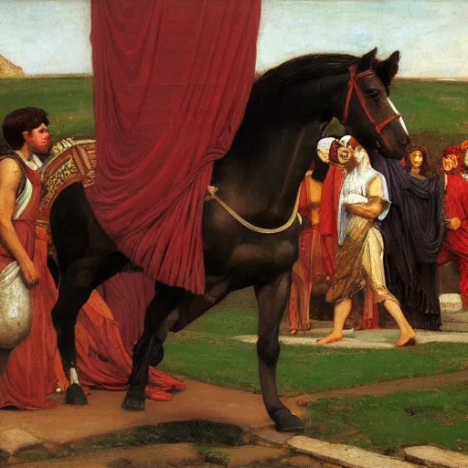 Prompt: the trojan horse outside the gates of troy in the style of john william waterhouse, oil on canvas, 4 k resolution