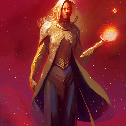 Image similar to cosmic tailor, ethereal, full-body portrait, astral background, science fantasy, portrait, highly detailed, digital painting, artstation, concept art, sharp focus, illustration, art by terese nielsen and greg rutkowski and magali villeneuve, red white and gold color scheme