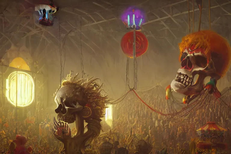 Prompt: skull clown inside a circus, illustrated by Simon Stålenhag and Gaston Bussiere, 35mm lens, rule of third, beautiful volumetric-lighting-style atmosphere, intricate, ultra detailed, photorealistic imagery, trending on artstation, 4k, 8k