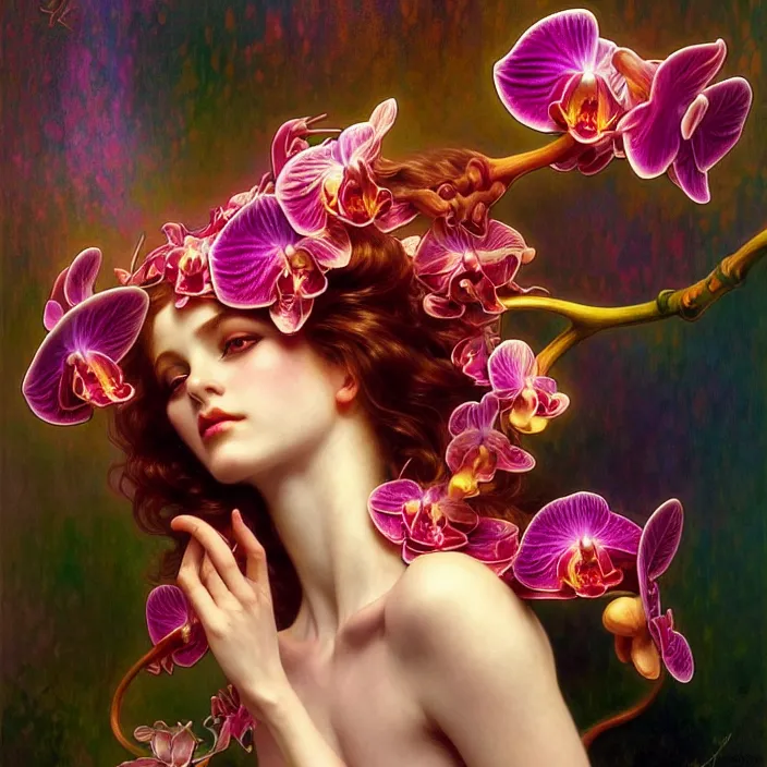 Image similar to psychedelic orchid, diffuse lighting, fantasy, intricate, elegant, highly detailed, lifelike, photorealistic, digital painting, artstation, illustration, concept art, smooth, sharp focus, art by John Collier and Albert Aublet and Krenz Cushart and Artem Demura and Alphonse Mucha