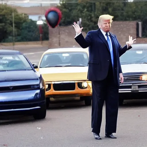 Image similar to photograph of donald trump throwing balls at cars on the highly