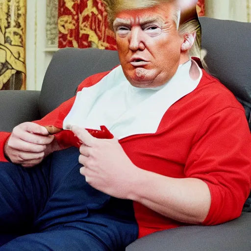 Prompt: Donald Trump sitting on the couch eating a pepperoni pizza