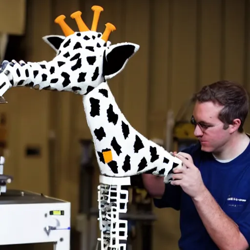 Image similar to prototype robot giraffe being worked on by one scientists engineer, joe biden.