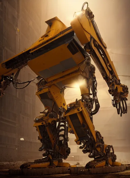 Image similar to a photorealistic dramatic hyperrealistic render of a futuristic exosuit power excavator heavy machinery, ultra realistic details, glossy yellow, well worn, rust, oil stains by vitaly bulgarov and mike nash, beautiful dramatic dark moody tones and lighting, cinematic atmosphere, studio lighting, global illumination, shadows, dark background, octane render, 8 k