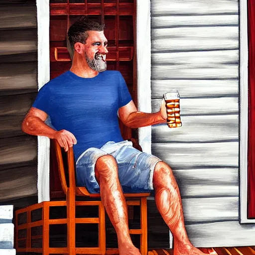 Prompt: a man drinking an ice cold beer on his front porch, highly detailed digital painting