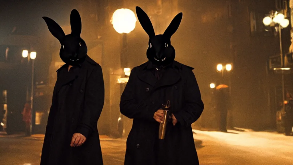 Image similar to a man in a trench coat wearing a black rabbit mask in front of a night club, film still from the movie directed by Denis Villeneuve with art direction by Salvador Dalí, wide lens