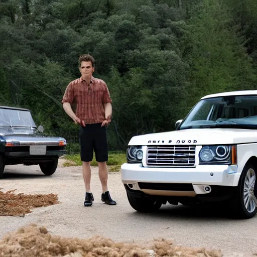 Image similar to dennis reynolds a. k. a. the golden god, standing next to his range rover near a body of water, cinematic style