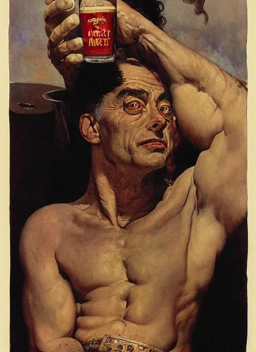 Image similar to upper body portrait of udo kier drinking a pint of moretti beer, by frank frazetta and lawrence alma-tadema and zdzislaw beksinski and norman rockwell and jack kirby