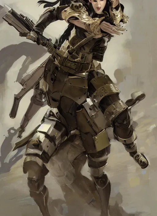 Prompt: a professionally painted full body portrait of an attractive young female, clothed in military-style battle armor, olive skin, long dark hair, beautiful bone structure, symmetrical facial features, intricate, elegant, digital painting, concept art, smooth, sharp focus, illustration, finely detailed, from Metal Gear by Ruan Jia and Mandy Jurgens and Artgerm and William-Adolphe Bouguerea