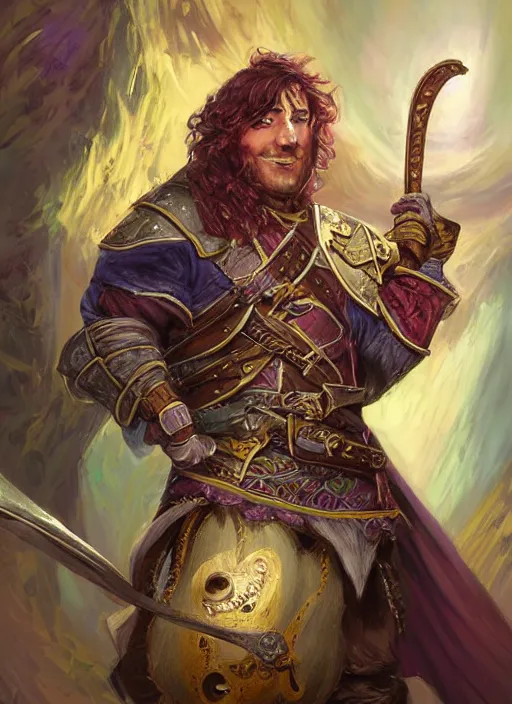 Image similar to happy cheerful bard, ultra detailed fantasy, dndbeyond, bright, colourful, realistic, dnd character portrait, full body, pathfinder, pinterest, art by ralph horsley, dnd, rpg, lotr game design fanart by concept art, behance hd, artstation, deviantart, hdr render in unreal engine 5