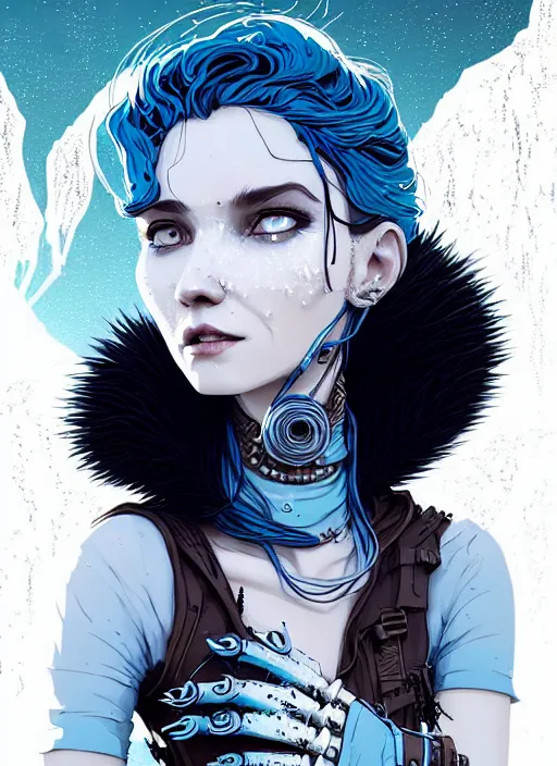 Image similar to highly detailed portrait of wasteland punk long curly white icey shard hair tribal lady, stray wiring by atey ghailan, james gilleard, by joe fenton, by greg rutkowski, by greg tocchini, by kaethe butcher, 4 k resolution, gradient blue, cyan, black and white color scheme!!! ( ( snowy glaciated robotic dystopian city background ) )