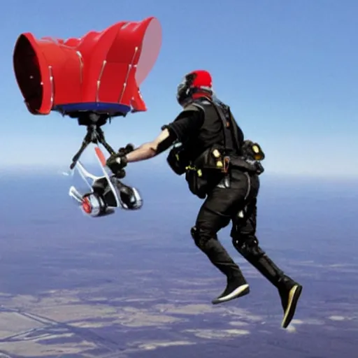 Image similar to donald trump flying using a jetpack